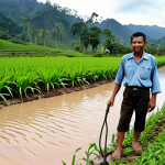 **Image Prompt 1: Climate Adaptation and Engineering Solution**
    A determined Malaysian farmer stands in a verdant field, either recovering from a severe flood or enduring a prolonged drought, with visible signs of soil stress or water management. Beside them, an environmental agricultural engineer, dressed practically, demonstrates an innovative solution: a smart drip irrigation system, a resilient crop variety, or a rainwater harvesting mechanism. The scene is set in a typical Malaysian agricultural landscape, like Cameron Highlands or a paddy field in Kedah, emphasizing practical problem-solving against climate challenges. The overall mood is hopeful and resilient, showing tangible adaptation.