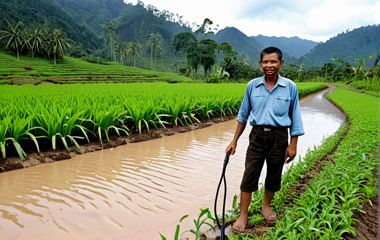 **Image Prompt 1: Climate Adaptation and Engineering Solution**
A determined Malaysian farmer stands in a verdant field, either recovering from a severe flood or enduring a prolonged drought, with visible signs of soil stress or water management. Beside them, an environmental agricultural engineer, dressed practically, demonstrates an innovative solution: a smart drip irrigation system, a resilient crop variety, or a rainwater harvesting mechanism. The scene is set in a typical Malaysian agricultural landscape, like Cameron Highlands or a paddy field in Kedah, emphasizing practical problem-solving against climate challenges. The overall mood is hopeful and resilient, showing tangible adaptation.