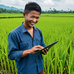 **A young Malaysian farmer using a drone to monitor his paddy field. Lush green rice paddies stretch to the horizon. The farmer is smiling and holding a tablet displaying data from the drone. Focus on modern technology and sustainable agriculture in Malaysia.** (This visualizes the section on empowering young farmers with technology)