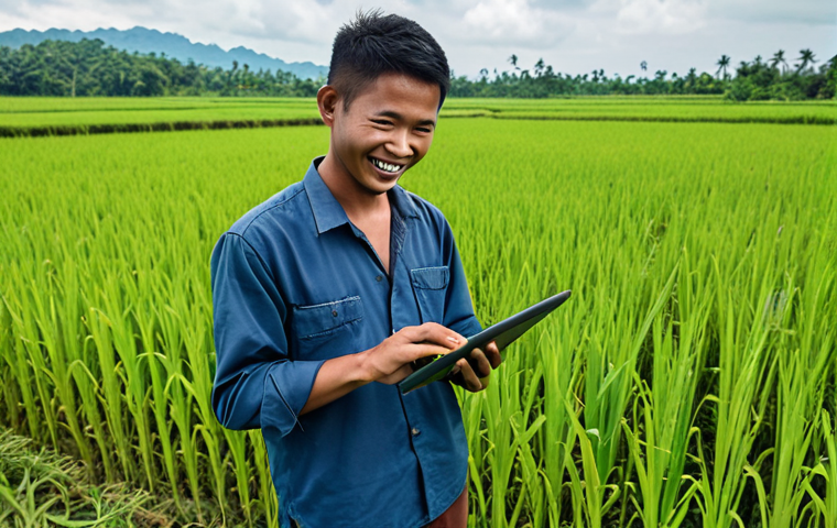 **A young Malaysian farmer using a drone to monitor his paddy field. Lush green rice paddies stretch to the horizon. The farmer is smiling and holding a tablet displaying data from the drone. Focus on modern technology and sustainable agriculture in Malaysia.** (This visualizes the section on empowering young farmers with technology)