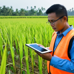 **

A Malaysian agricultural engineer using a drone to survey a paddy field. The drone is equipped with sensors. The engineer is wearing a safety vest and using a tablet to analyze the data, showcasing modern sustainable agriculture technology in Malaysia. Focus on the engineer's confident and forward-thinking expression.

**