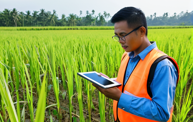 **
A Malaysian agricultural engineer using a drone to survey a paddy field. The drone is equipped with sensors. The engineer is wearing a safety vest and using a tablet to analyze the data, showcasing modern sustainable agriculture technology in Malaysia. Focus on the engineer's confident and forward-thinking expression.
**