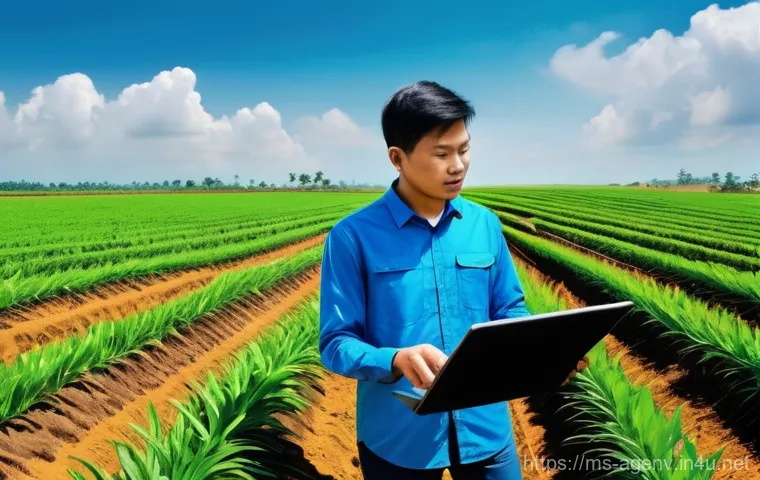 농업환경기술자 필수 학습 노트 작성법 - **Prompt:** A vibrant and dynamic scene illustrating advanced smart farming in a Malaysian agricultu...