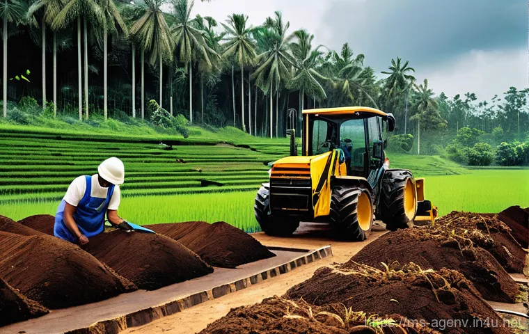 농업환경기술자 필수 학습 노트 작성법 - **Prompt:** A vibrant and dynamic scene illustrating advanced smart farming in a Malaysian agricultu...