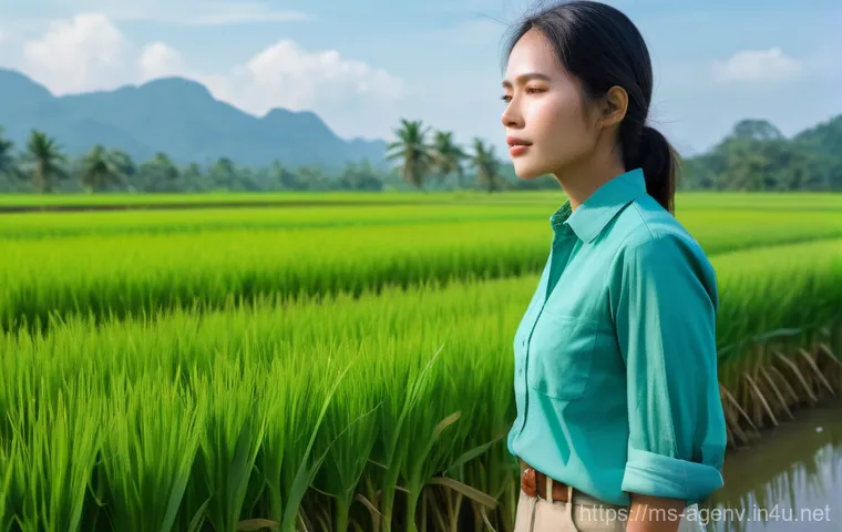 농업환경기술자 업무 스트레스 관리법 - Serene Moment in the Paddy Field**

A **realistic image** of a young Southeast Asian agricultural en...