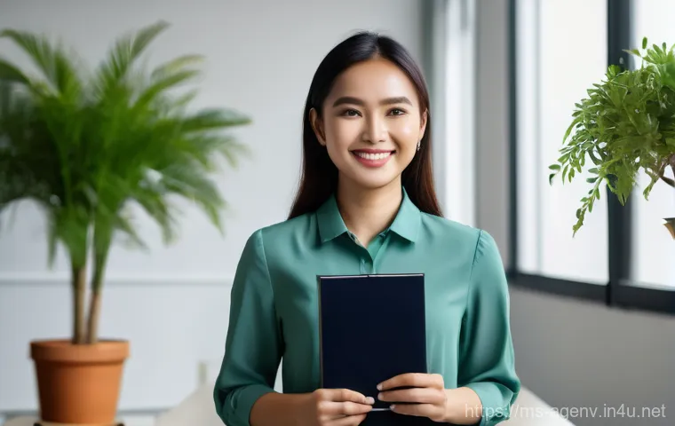 농업환경기술자 시험 접수 유의사항 - A vibrant, eye-level medium shot of a confident young Malaysian woman, aged 22-26, radiating success...