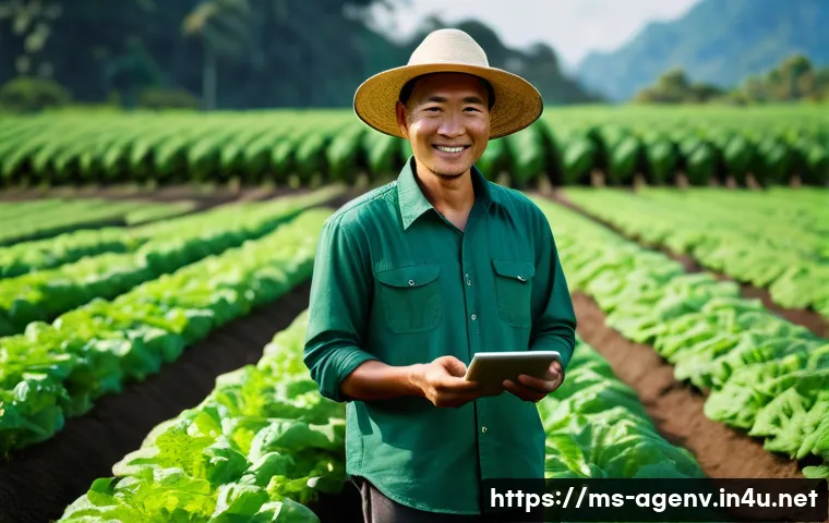 농업환경기술자 실기 시험 팁 - **Prompt:** "A wide-angle, vibrant photograph capturing a modern Malaysian farmer, mid-thirties, wea...