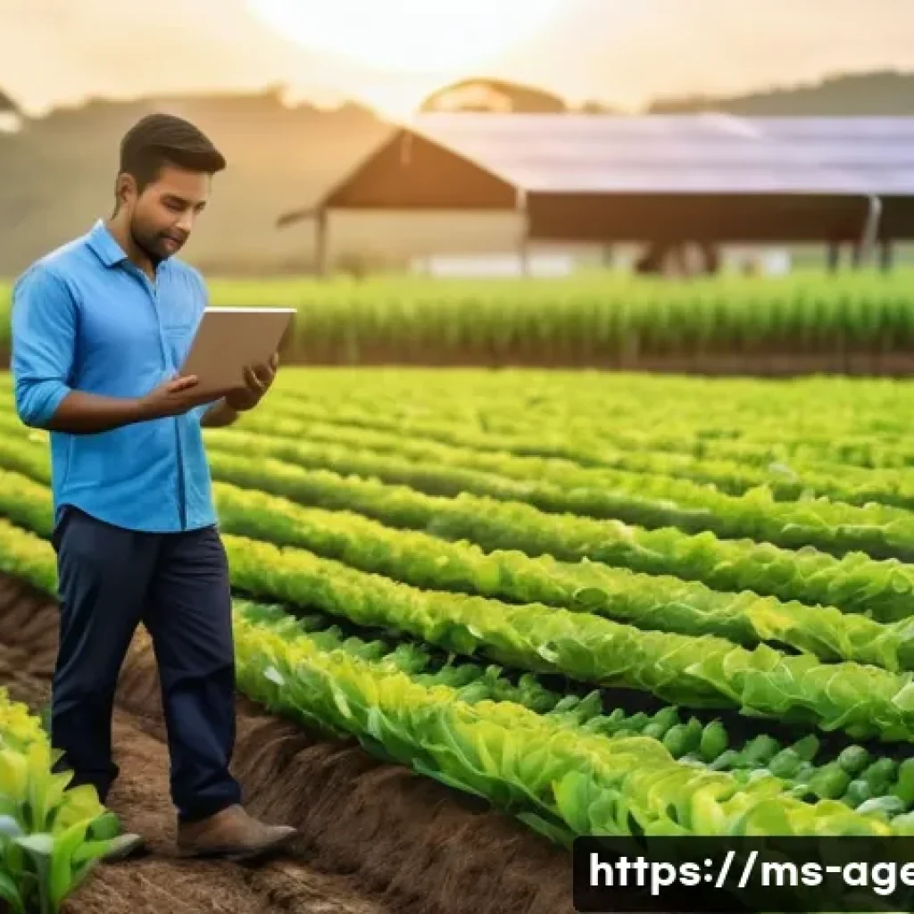 농업환경기술자와 스마트팜 기술 - A modern Malaysian farm landscape at sunrise featuring advanced digital farming technology: automate...