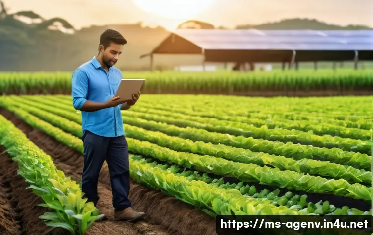 농업환경기술자와 스마트팜 기술 - A modern Malaysian farm landscape at sunrise featuring advanced digital farming technology: automate...